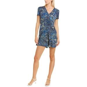 Maggie London Women's Blue Speckle Paint Splatter V-Neck Romper Sz Petite Small